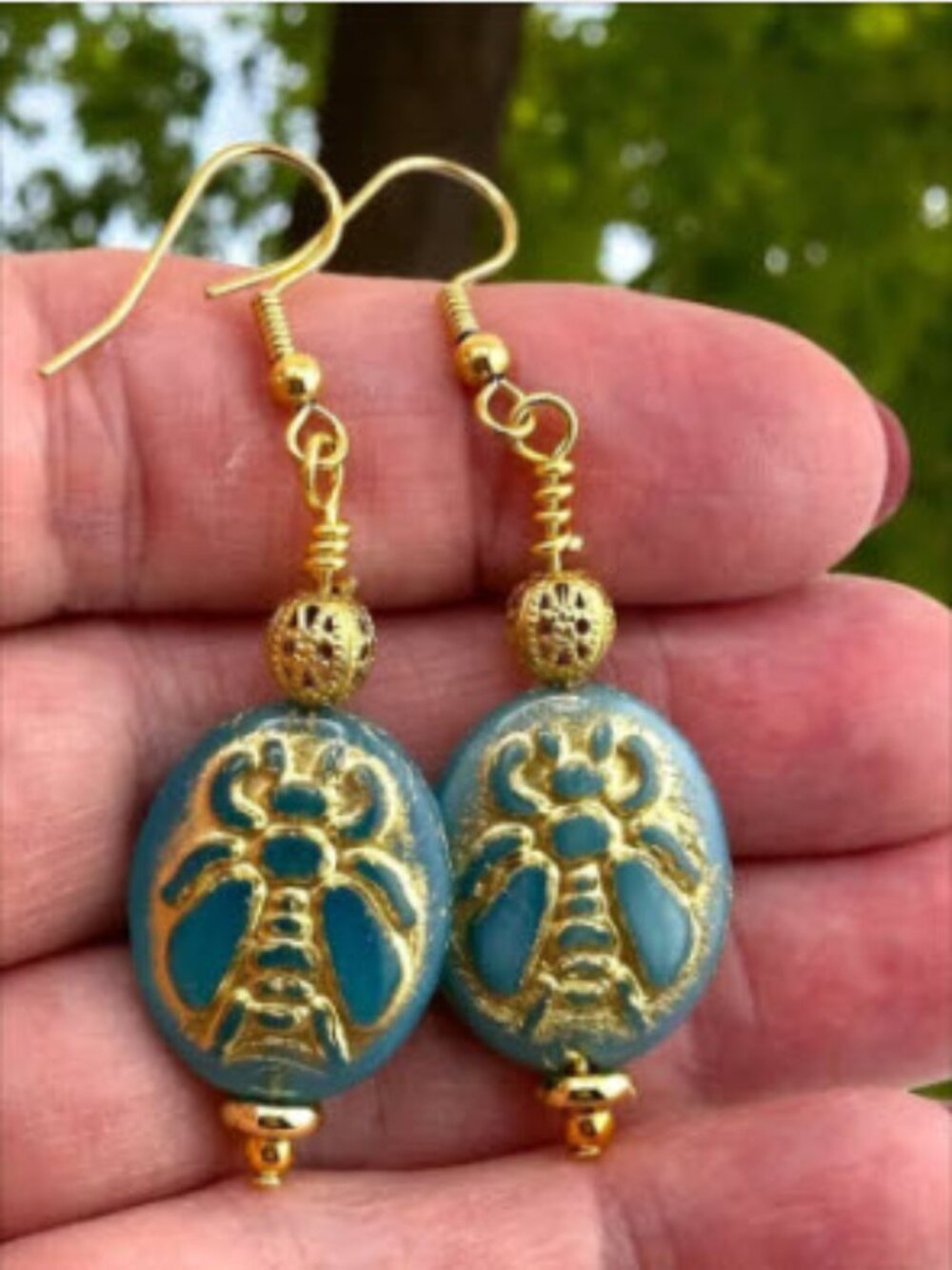 Czech Glass Bee Earrings Sky Blue Gold Dangle Cottagecore Boho Handmade - Picture 3 of 11